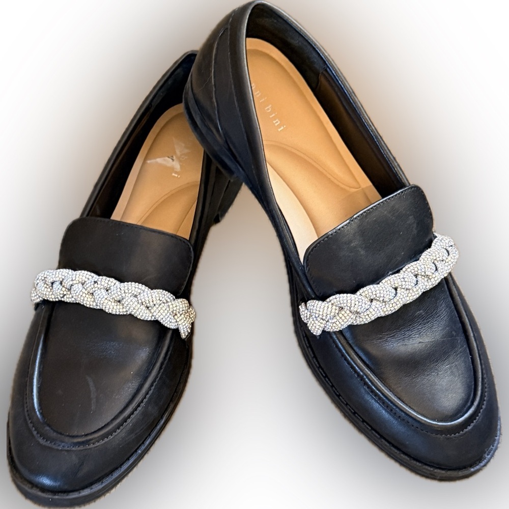 Gianni Bini Black Leather Loafers with Rhinestone Braid Trim